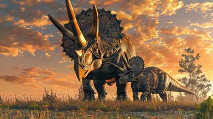 Fototapeta premium Triceratops dinosaurs in a prehistoric landscape at sunset