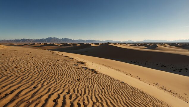 A vast desert landscape with rolling sand dunes and distant mountains under a clear blue sky.