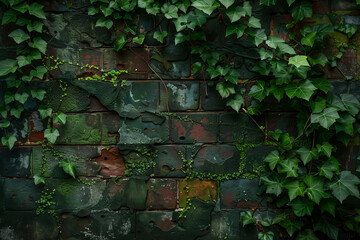 Historic old brick wall with moss and ivy growth