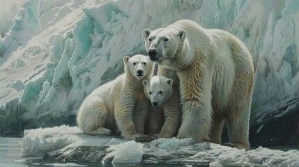 Polar bear and twin cubs