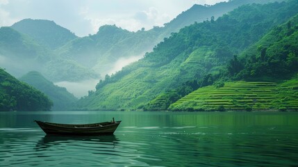 Obraz premium A serene boat concept amidst lush hills.