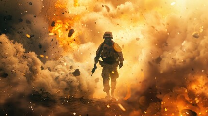 Fototapeta premium Soldier concept standing in the middle of an explosion