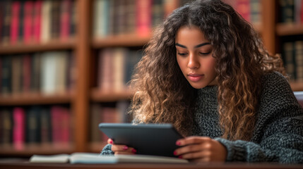 woman reading on the tablet and a book on a desk in the library quietly