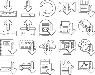 download app web arrow icons set vector. file data, downloading shape, load, concept internet, interface technology, website download app web arrow black contour illustrations