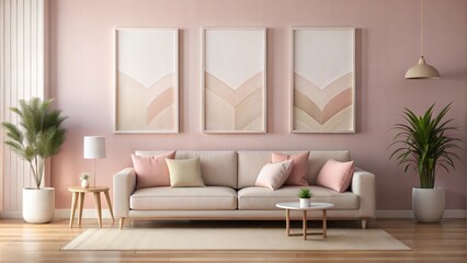 Fototapeta premium A set of three minimalistic pastel pink gallery wall art canvas poster