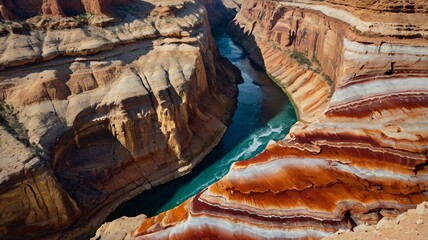 A serene canyon filled with clear water, surrounded by striking red agate rocks formations under a bright blue sky