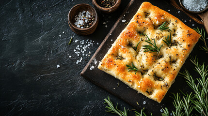 Freshly baked focaccia bread with rosemary and sea salt on a dark slate background