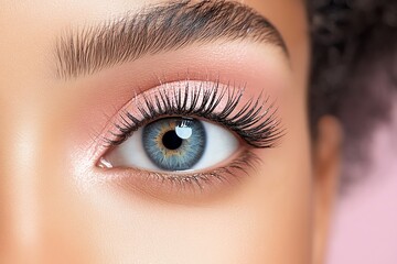 Fototapeta premium A close-up view of a beautiful eye showcasing stunning blue iris and long lashes against a soft pink background.