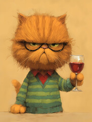 cat with a glass of wine
