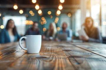 White Coffee Mug on Wooden Table in Modern Office with Blurred Background of Colleagues in Meeting