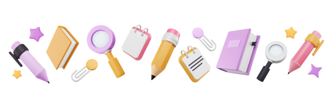 Border of 3d school supplies. Office tools pattern. Books, pencil and pen, magnifier, paper clips and copybook, graphic stars render. Vector isolated cartoon illustration. Plastic elements.