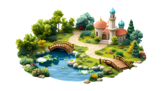 isometric style fantasy island beautiful mosque with park of trees, pond, wooden house and bridge