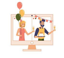Online party, virtual meeting with friends. Vector man and woman in festive hats with balloons and flags, cake and glass of champagne. People celebrate event remotely. Video call during self isolation