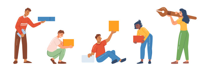 Male and female characters team creating new abstract structure, cartoon personages working under corporate project. Vector designers ui ux, business and creativity process, teamwork concept