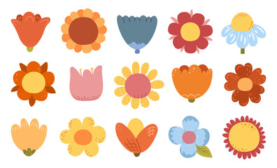 Spring flowers in blossom elements. Vector set of floral image of wildflowers. Cute meadow blooming flowerets for decor, sticker or print. Flourishing of orchard botany. Present or gift for holiday