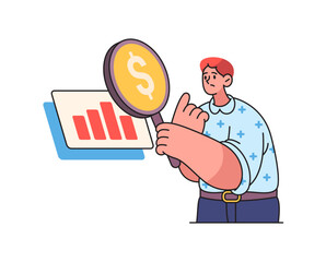 Increasing profit or revenue, flat cartoon vector illustration. Isolated male personage with statistics or chart showing money growth. Businessman thinking on financial problems and issues