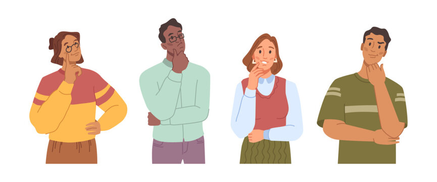 Mindset types, men and women with different thinking concepts from areas of structural or analytical, logical and creative artistic personalities. Vector pensive cartoon characters brainstorming