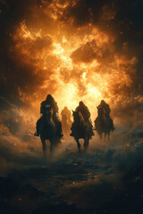 Fototapeta premium Artistic illustration of the Horsemen of the Apocalypse emerging from dark clouds, their presence foreboding and powerful,
