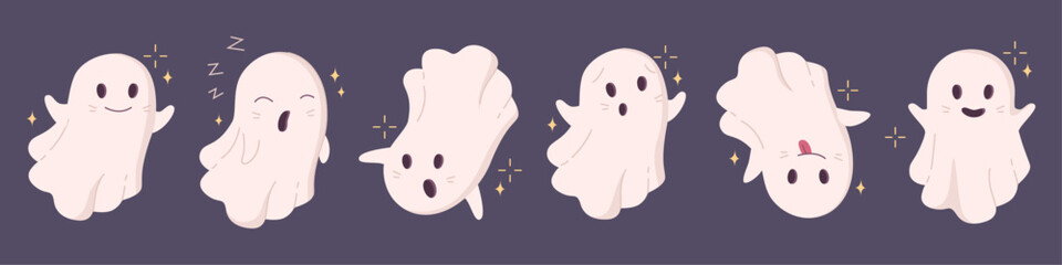 Halloween cute ghosts with smiling faces. Vector isolated poltergeists with sleepy and glad expression. Surprised or emotional flying spirit, floating character with glowing stars decor