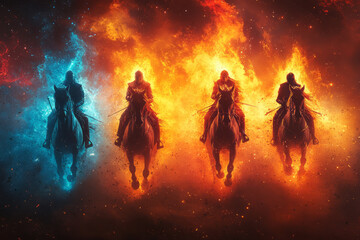 Fototapeta premium Abstract representation of the Four Horsemen, with each rider symbolized by distinct colors and elements,