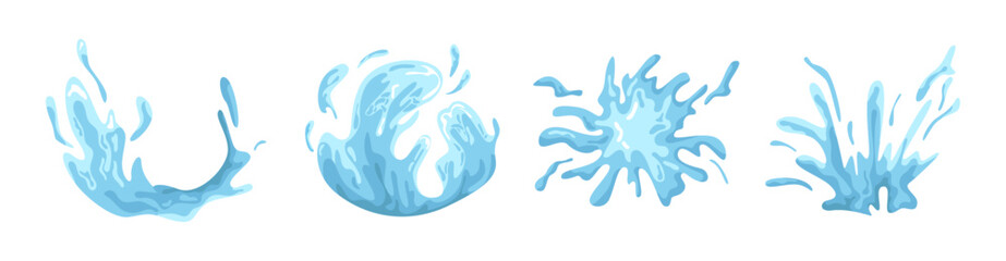 Liquid water splashes and sprinkles, falling aqua drops, sea or ocean waves and swirl. Vector isolated seawater motion effects, flows, streams and spills. Set of rainwater plashing or fountain