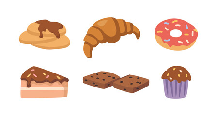Dessert and sweets assortment and variety, isolated confectionery product, tasty restaurant treats. Vector cake and donut with glazing, pancake and cupcake, cookies with chocolate and croissant.