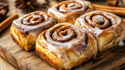 Fototapeta premium Golden-brown cinnamon rolls with a vanilla glaze on a wooden board