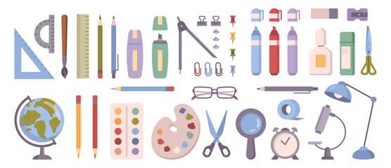 Big set of school supplies and education elements. Vector globe and pencil, tape measure and protractor, ruler and pens, glue and scissors, magnifier and clock, microscope and lamp, tape and sharpener