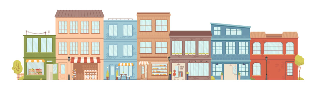 Cityscape with small business shops, isolated city landscape with houses and trees. Vector buildings and residential blocks or units exterior and facade. Architecture of downtown or suburbs skyline