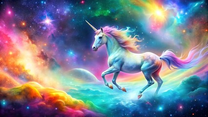 Fototapeta premium Celestial Symphony: Holographic Rainbow Unicorn in a Nebula AI Generated