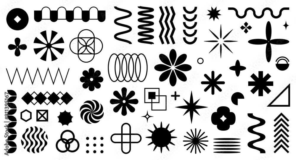 Poster memphis or brutalist style shapes. vector isolated abstract forms with stars, flowers and spiral, wa