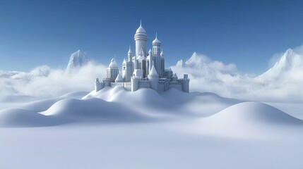 A stunning ice castle stands proudly in a snowy landscape, backed by tall evergreen trees and a dramatic cloudy sky