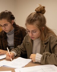 Classmates reviewing research projects, collaborating and understanding the material to complete their homework