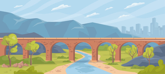 Mountains landscape with bridge for train or transport. Vector panoramic scenery with railroad for express. City skyline in distance, river and nature with hills and clouds. Adventures and journey
