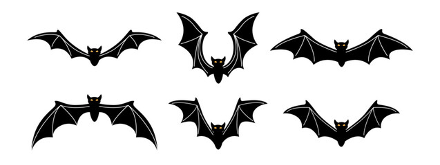 Halloween flying bats silhouettes. Vector isolated set of spooky animal with wings. Symbol of darkness and night. Dark or evil characters with long wings, spooky scenery decoration, mystery