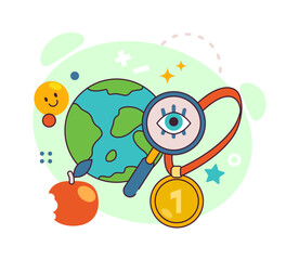 School or university education, geography lessons and nature discoveries. Vector flat globe and prize for first place in competition or challenge, magnifying glass and emoticon