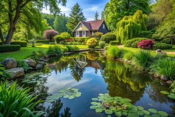 Fototapeta premium Serene oasis featuring a thriving green garden with a tranquil small pond reflecting the surrounding foliage and a charming house in the distant background.