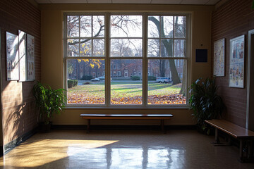 Fototapeta premium Empty Hallway with Large Window Overlooking Fall Trees on a Bright Morning