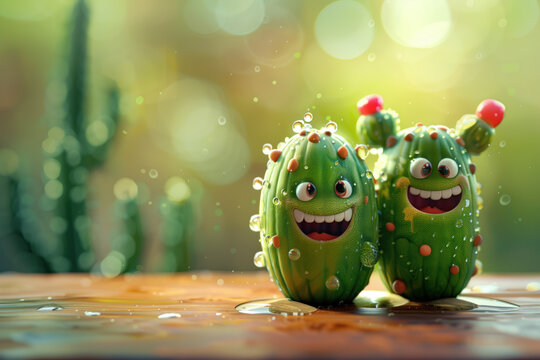 Cheerful animated cacti characters