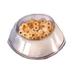 Watercolor illustration. Metal cup, plate with dry pet food hand painted with watercolor. For printing on fabric, paper, for packaging design, pet accessories.