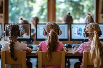 ** Children Using Computers in Classroom for Learning and Education, Wearing Headphones, Focused and Engaged