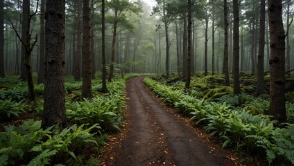 Naklejka premium A dirt road winds through a dense, misty forest with tall trees and ferns lining the path.