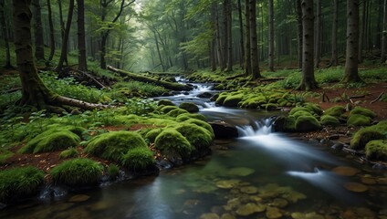 A clear stream flows through a lush, green forest with tall trees and moss-covered rocks. 