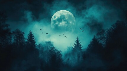Naklejka premium Enchanted Moonlit Forest with Silhouetted Flying Birds and Misty Trees