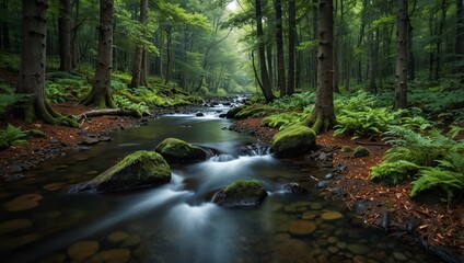 Obraz premium A stream flows through a dense, green forest. The water is clear and moving quickly,