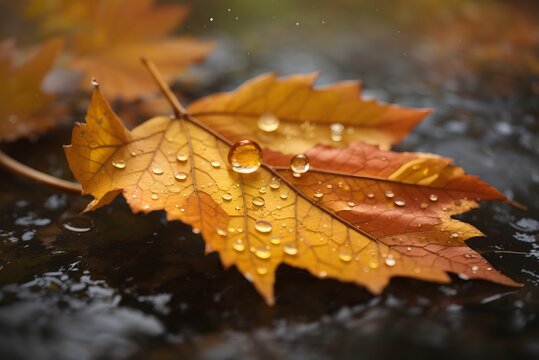 Macro close up of brown orange fall leaves with round rain droplets on them