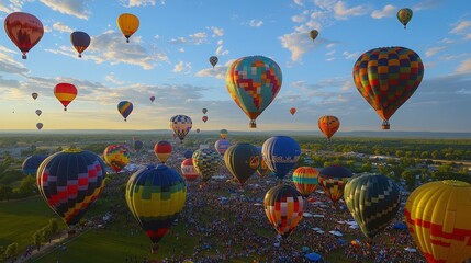 Obraz premium Colorful hot air balloons soar over a lively festival, creating a vibrant scene in the sky during a beautiful sunset.
