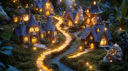 Fototapeta premium Enchanting miniature village illuminated by glowing lights, creating a whimsical and magical night scene.
