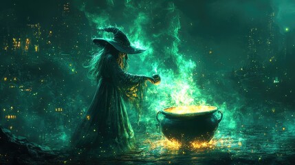 Obraz premium Green Cloaked Witch Conjuring Magic Spell over Glowing Cauldron in Mystical Night Cityscape