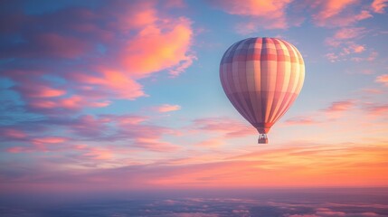 Fototapeta premium A colorful hot air balloon soaring through a vibrant sunset sky, creating a peaceful and inspiring atmosphere for adventure.